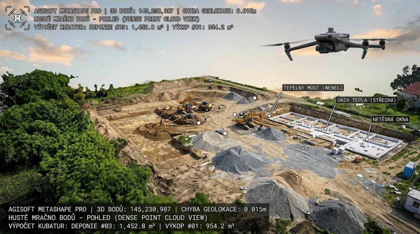 Letecká fotogrammetrie dronem vytvářející 3D model terénu a výpočet kubatur v Agisoft Metashape.