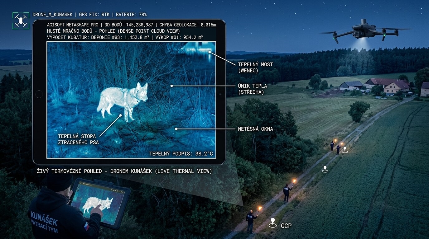 Vyhledávání ztracených zvířat dronem s termovizí v noci v nepřehledném terénu.